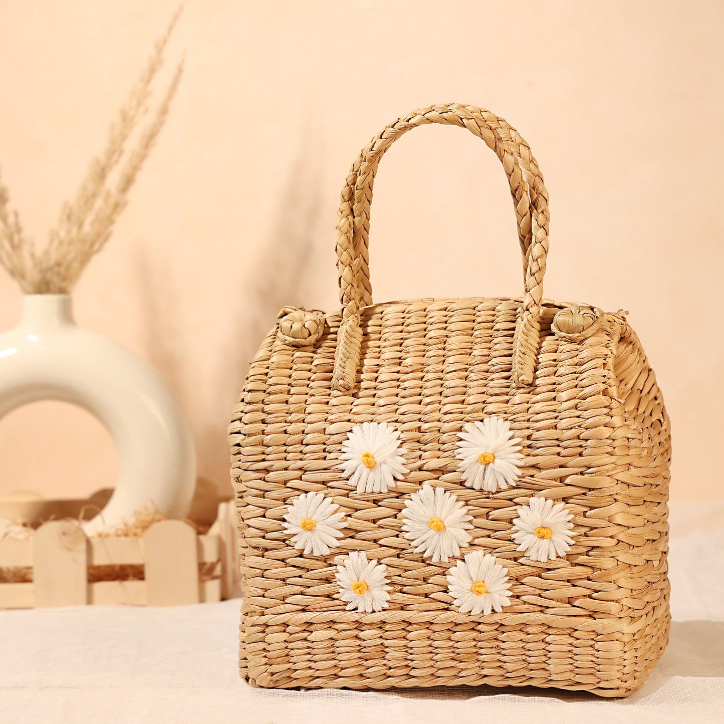 Handmade Kauna Grass Daisy Picnic Bag for Gifting & Lunch