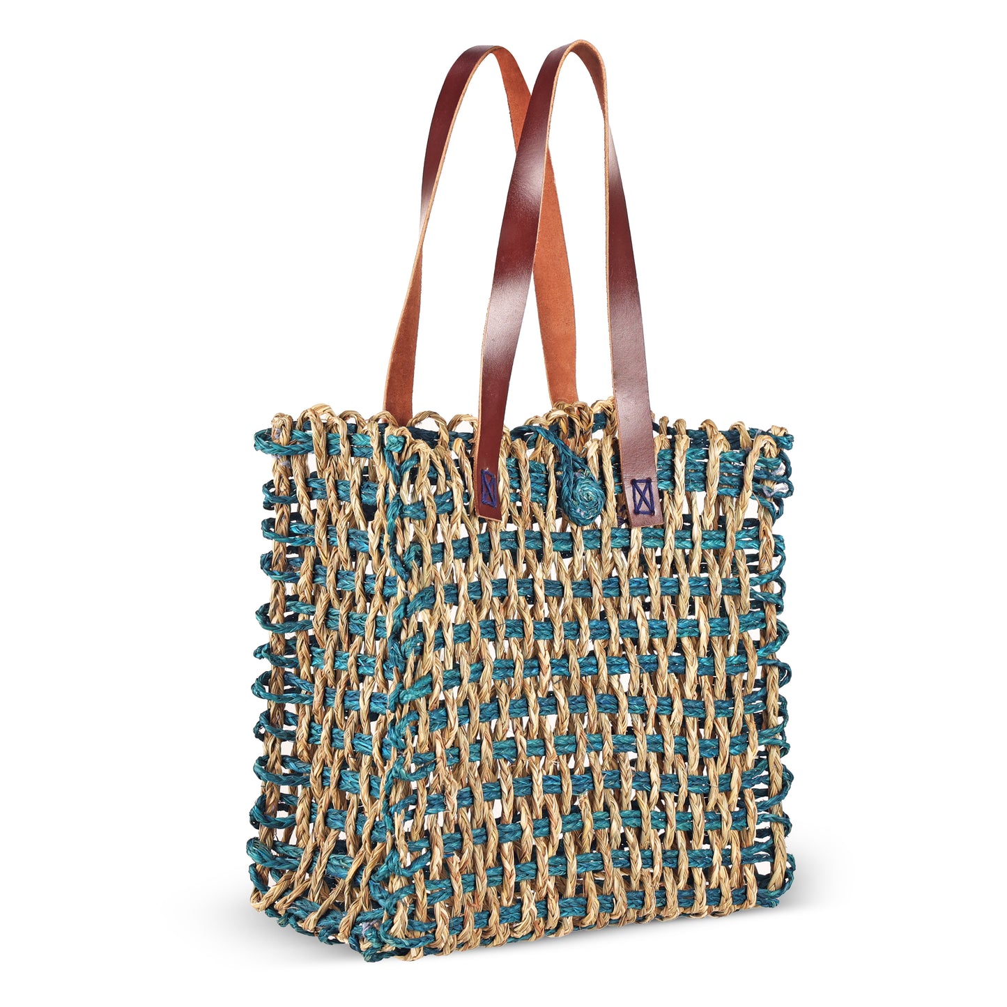 Sabai Grass Mesh Bag For Lunch and Bottle (Teal And Natural)