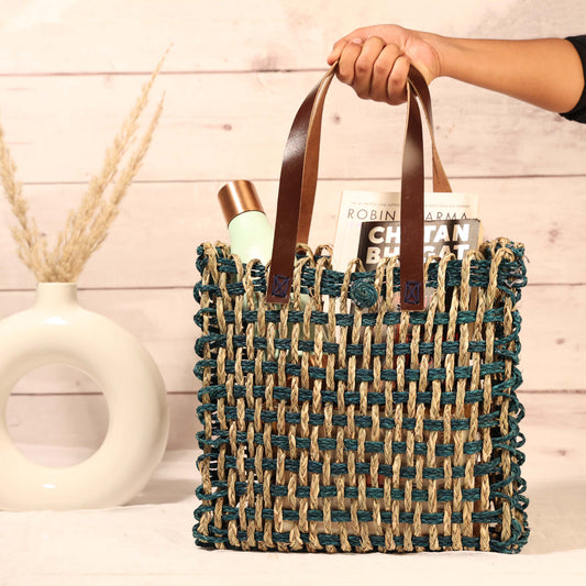 Sabai Grass Mesh Bag For Lunch and Bottle (Teal And Natural)