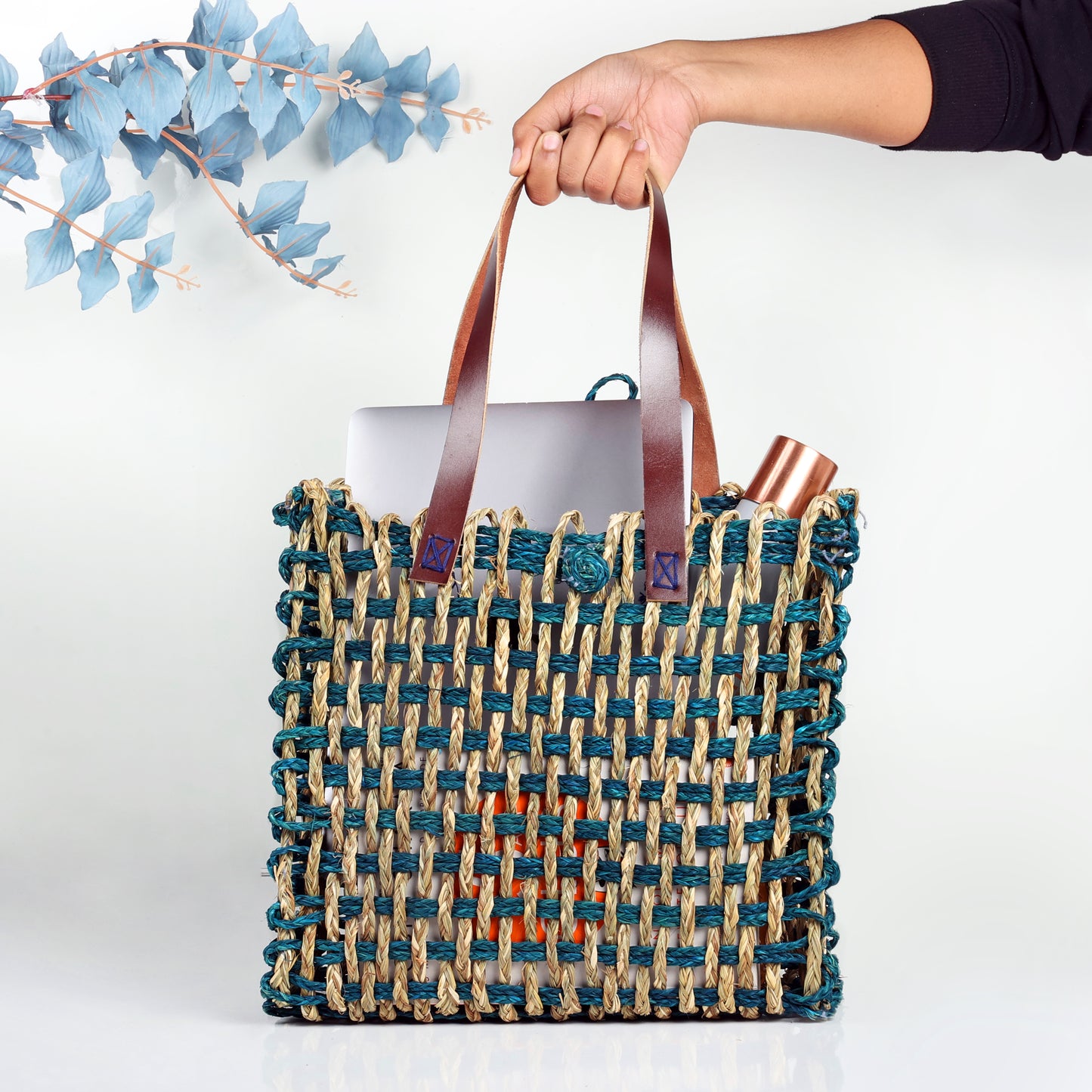 Sabai Grass Mesh Bag For Lunch and Bottle (Teal And Natural)