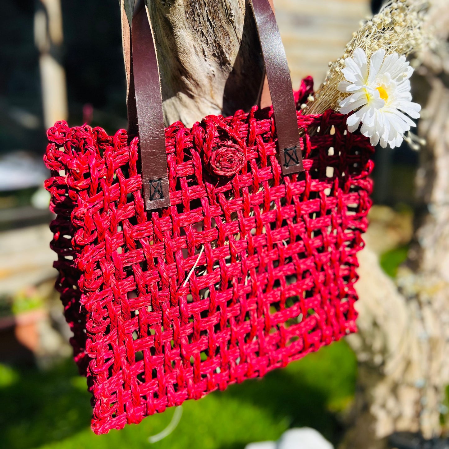 Sabai Grass Mesh Bag For Lunch and Bottle (Cherry Red)