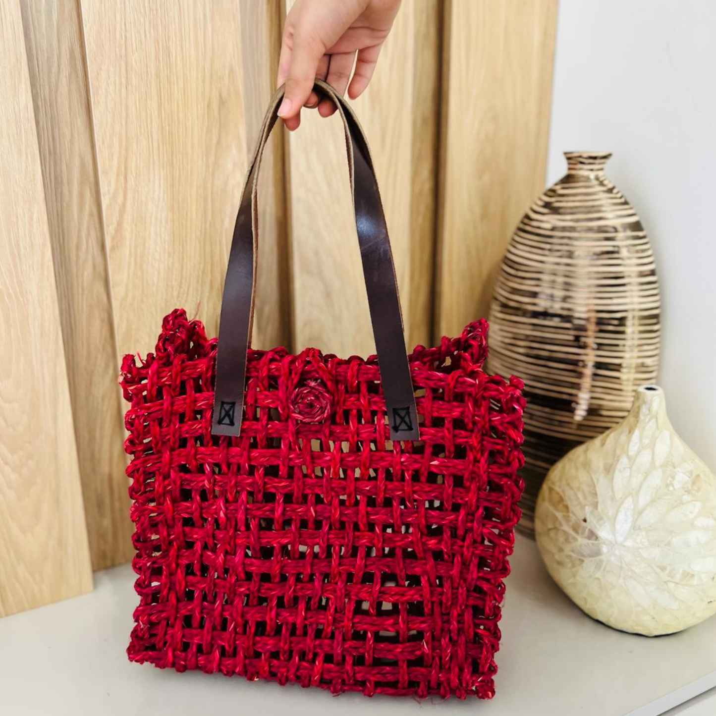 Sabai Grass Mesh Bag For Lunch and Bottle (Cherry Red)