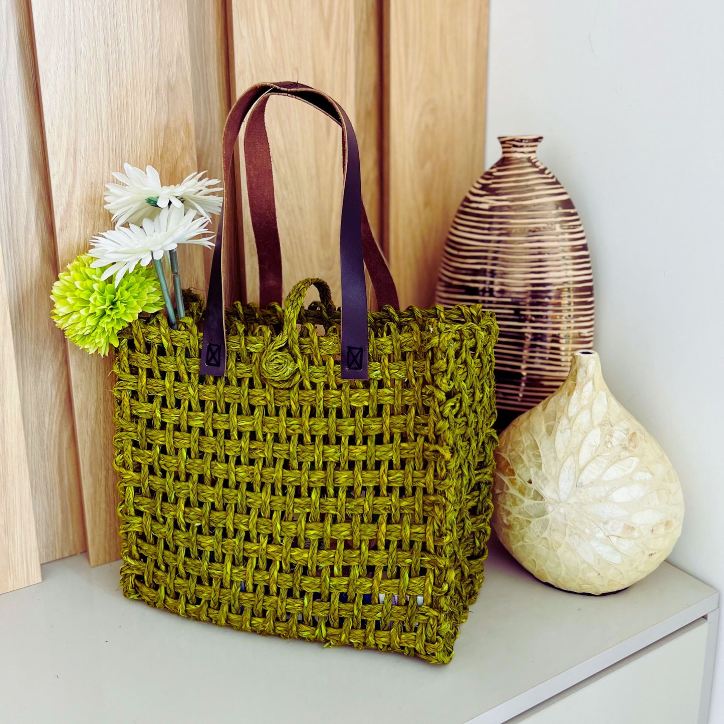 Sabai Grass Mesh Bag For Lunch and Bottle (Parrot Green)