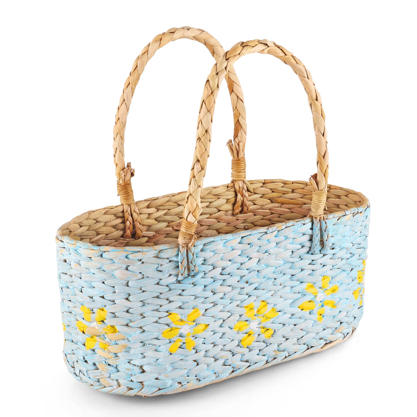 Kauna Grass Floral Hamper Basket For Multipurpose (Blue & Yellow)