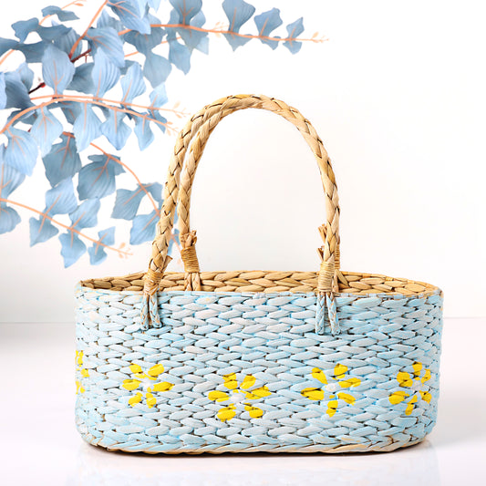 Kauna Grass Floral Hamper Basket For Multipurpose (Blue & Yellow)