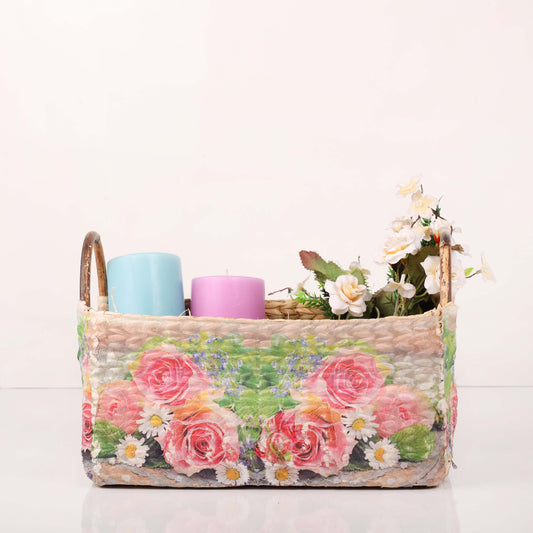 Kauna Grass Floral Cane Handle Hamper Basket (Pink)