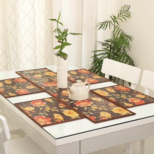 Dining Table Mats and Runner Set - Flower Print (Anti-Slip Back)