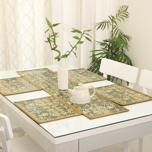 Dining Table Mats and Runner Set - Flower Print (Anti-Slip Back)