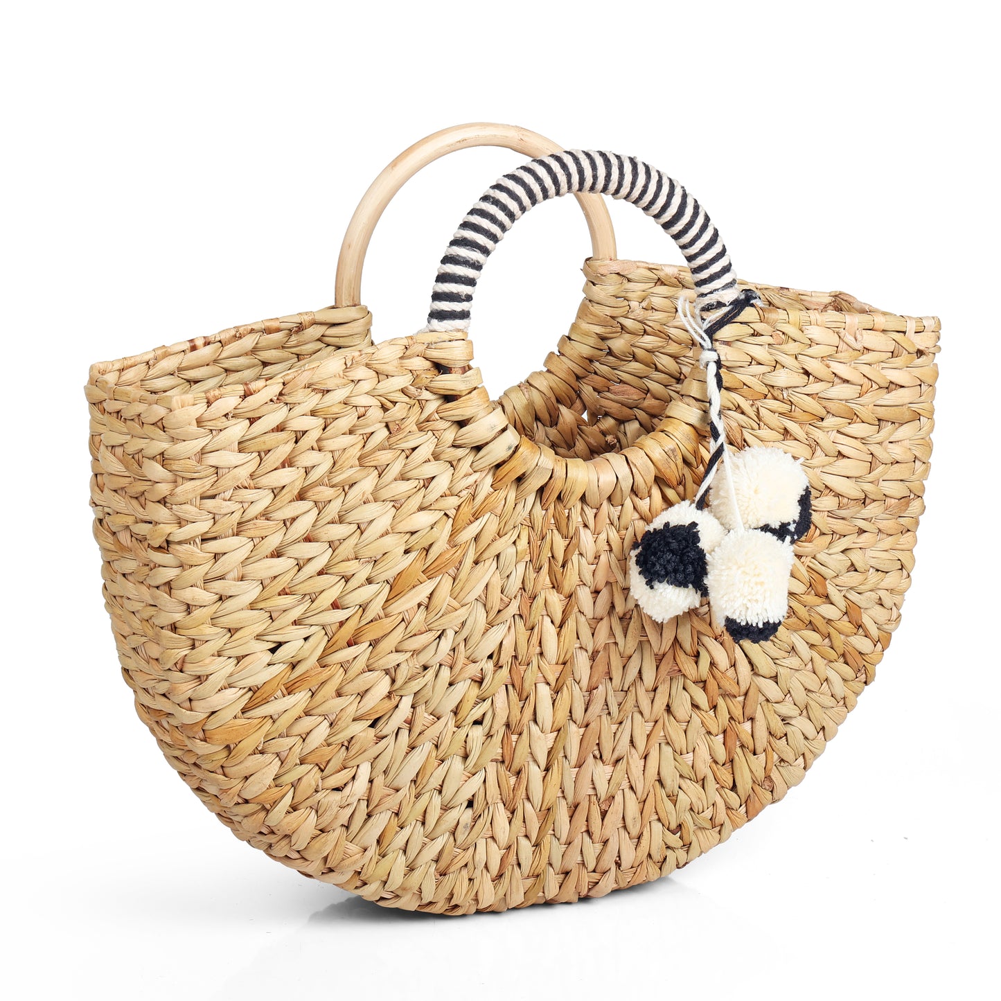 Handmade Kauna Grass Pom Pom Boho Style Beach Bag/ Basket