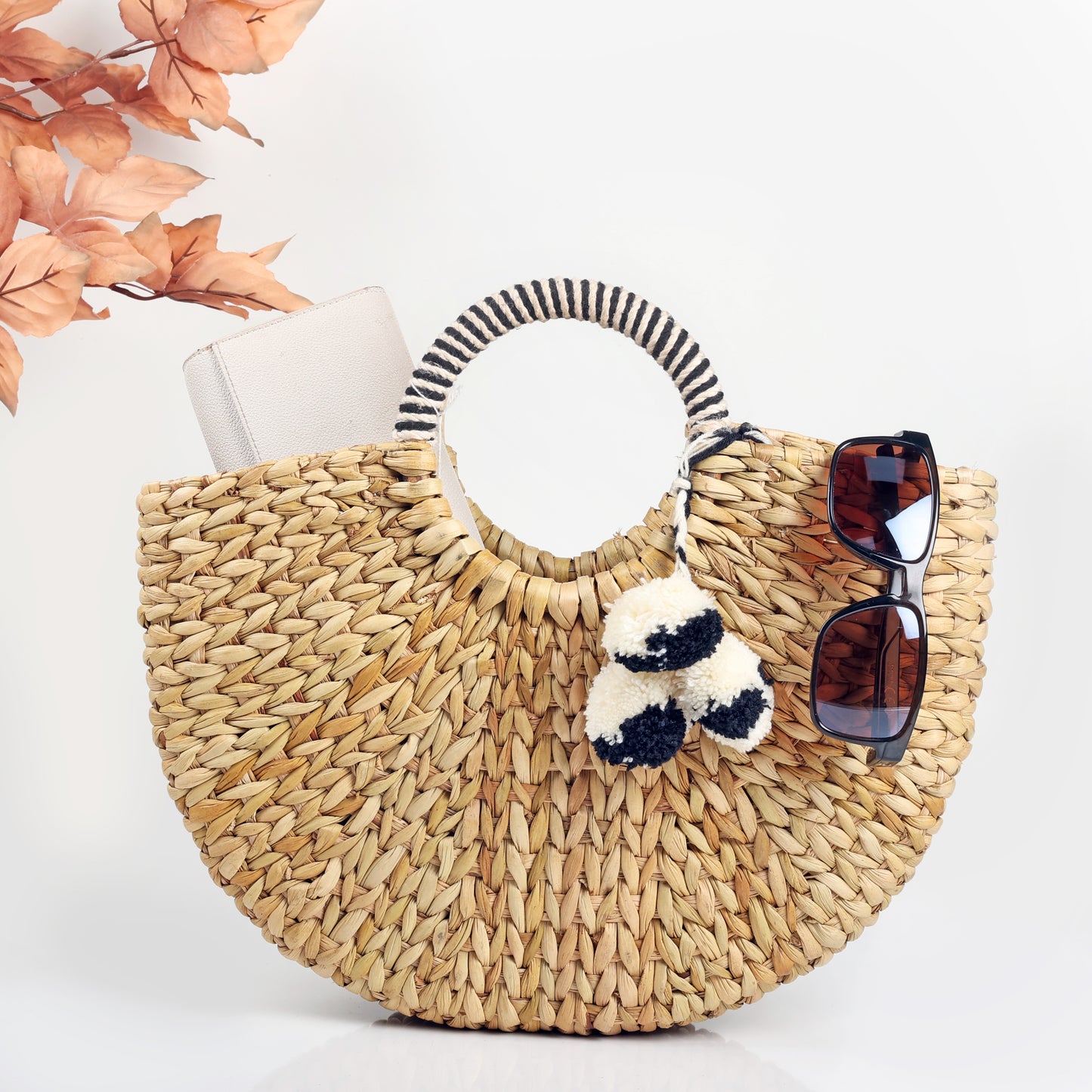 Handmade Kauna Grass Pom Pom Boho Style Beach Bag/ Basket