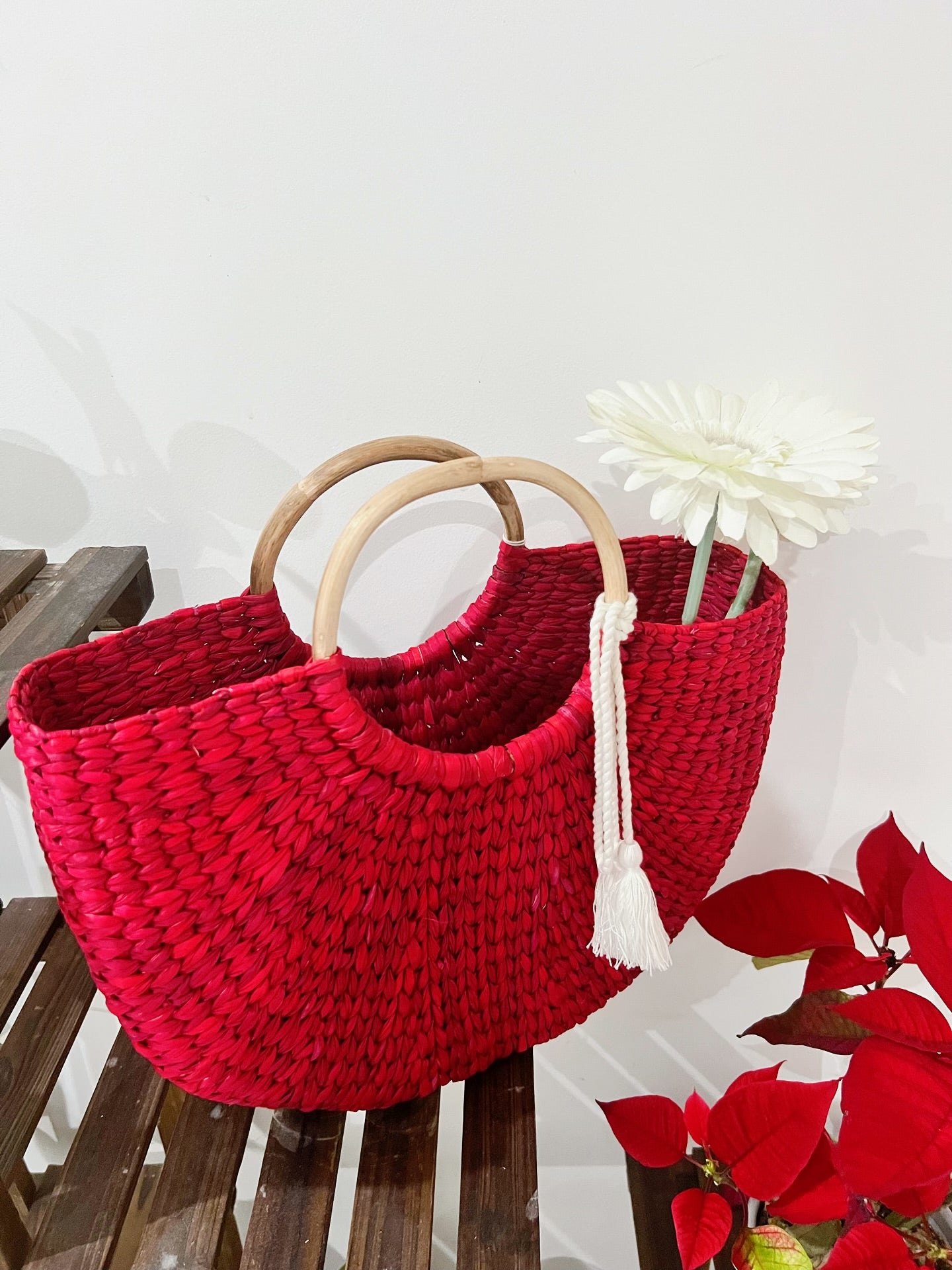 Elegant Red U-Shaped Boho Bag and basket for Women